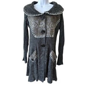 Sioni Gray Mohair Blend Sweater Coat M‎ Boho Artsy Knit Jacket Rose Buttons